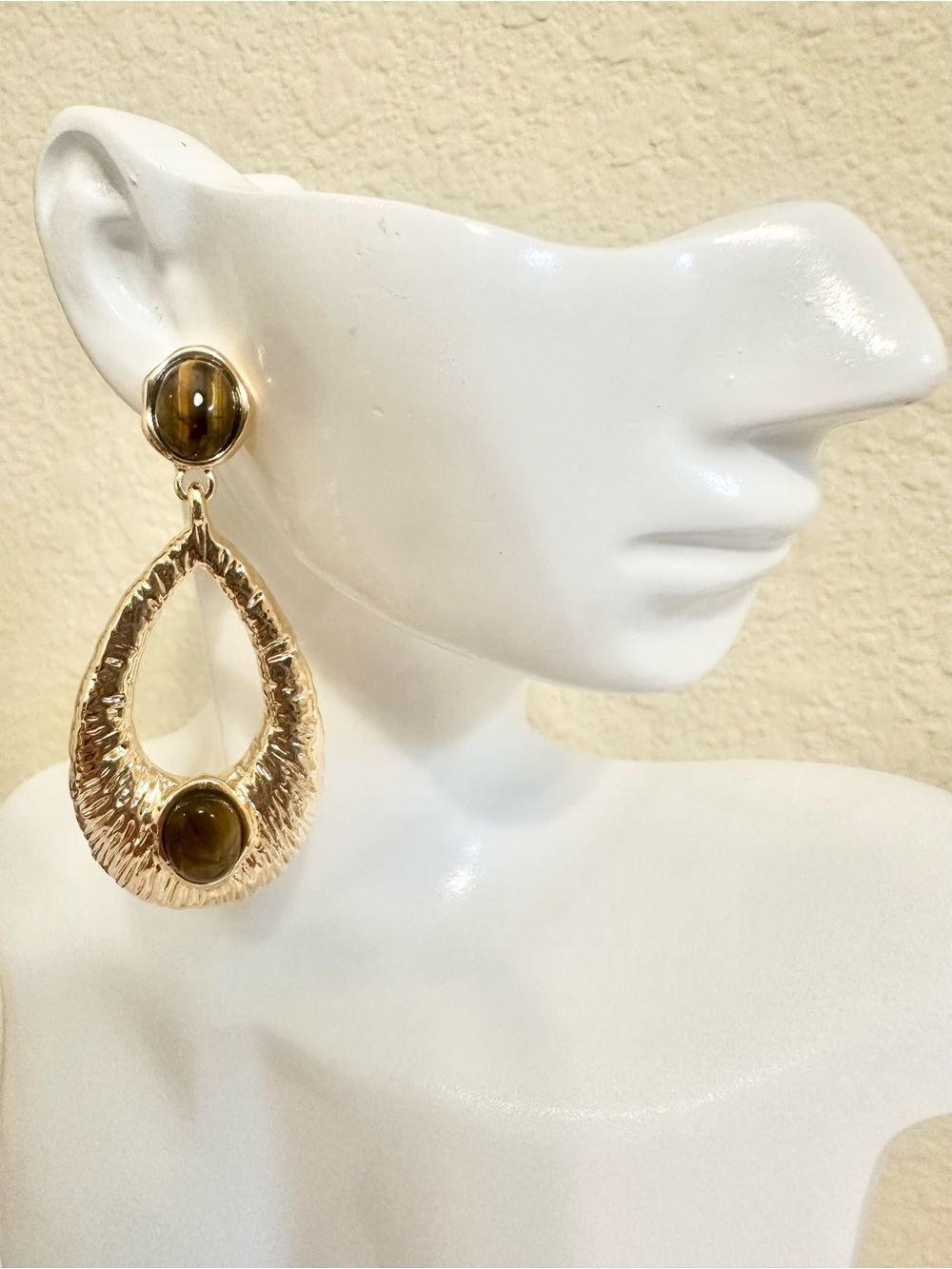 18k Gold-Plated Teardrop Earrings wTigers Eye Stones - Moderate Weight